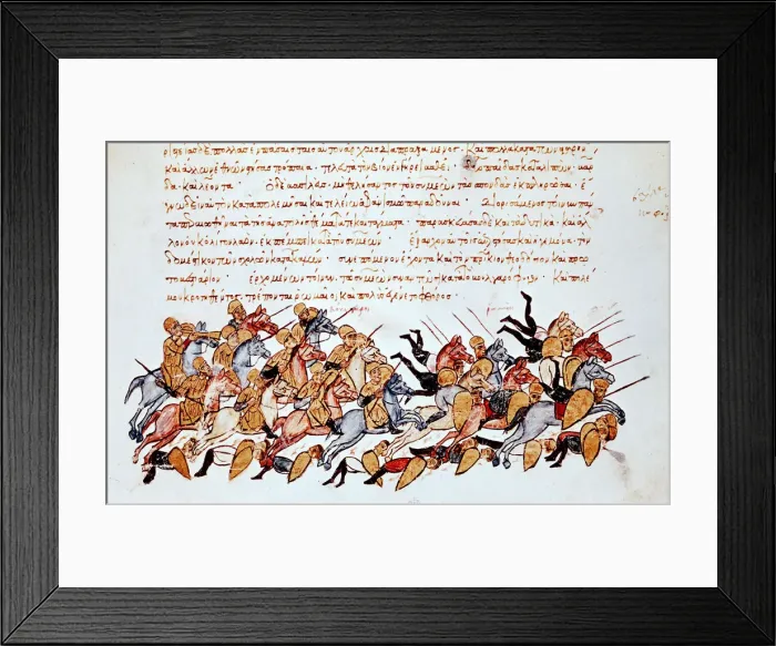 Framed Print : Byzantine cavalrymen overwhelming enemy cavalry and foot soldiers Framed Print : Byzantine cavalrymen overwhelming enemy cavalry and foot soldiers