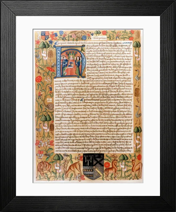 Framed Print : Henry VIIs first act of parliament with an initial portrait of the king, late 1480s Framed Print : Henry VIIs first act of parliament with an initial portrait of the king, late 1480s