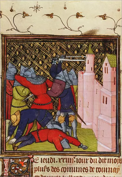 Hand-to-hand fighting with swords in defence of a castle, 14th century