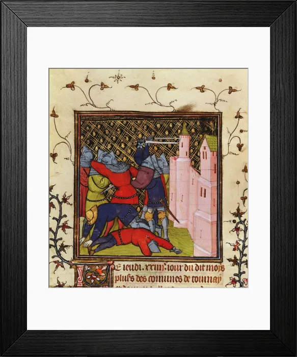 Framed Print : Hand-to-hand fighting with swords in defence of a castle, 14th century Framed Print : Hand-to-hand fighting with swords in defence of a castle, 14th century