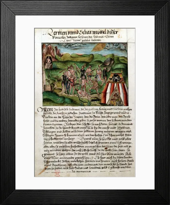 Framed Print : Venezuelans attacking Spanish conquistadors, c16th century. Artist: Hieronyouse Koler Framed Print : Venezuelans attacking Spanish conquistadors, c16th century. Artist: Hieronyouse Koler