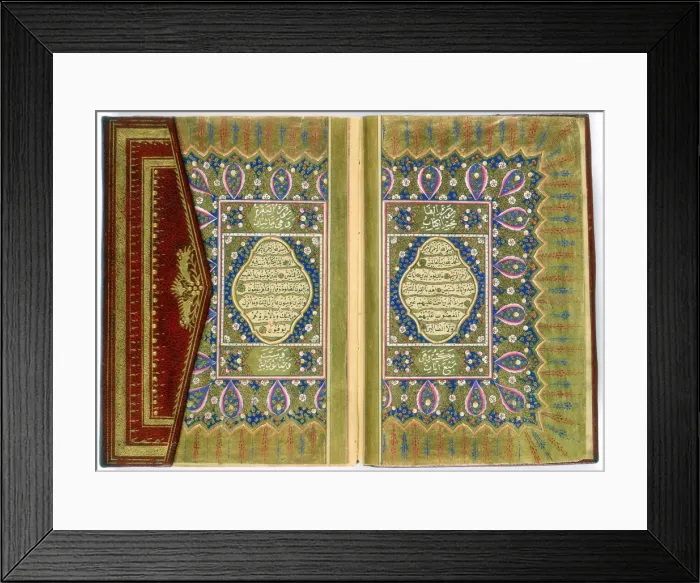 Framed Print : Double page spread from a Koran with marginal floral decoration, Turkish, 1855 Framed Print : Double page spread from a Koran with marginal floral decoration, Turkish, 1855
