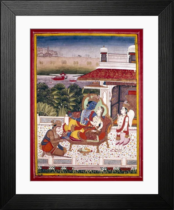 Framed Print : Indian miniature showing Krishna and a princess on a couch, 18th century Framed Print : Indian miniature showing Krishna and a princess on a couch, 18th century