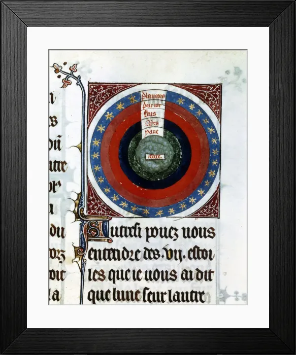 Framed Print : Earth surrounded by Water, Air, Fire, the planets and stars, 13th century Framed Print : Earth surrounded by Water, Air, Fire, the planets and stars, 13th century