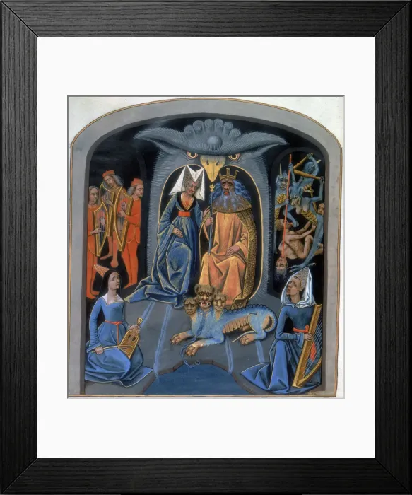 Framed Print : Greek gods Pluto and Persephone sit with Cerberus, the three-headed dog, (15th century) Framed Print : Greek gods Pluto and Persephone sit with Cerberus, the three-headed dog, (15th century)