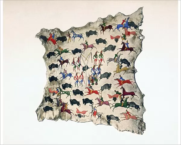 Moose skin by North American Shoshone Indian, showing Buffalo hunt, 20th century. Artist: Katsikodi