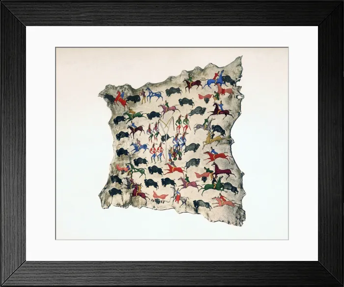 Framed Print : Moose skin by North American Shoshone Indian, showing Buffalo hunt, 20th century. Artist: Katsikodi