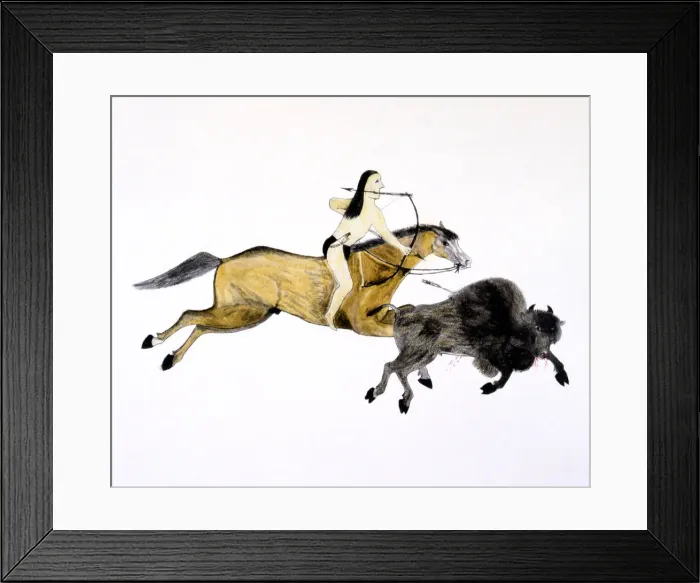 Framed Print : Mounted Grand Plains Indian hunting Buffalo with bow and arrow, c1890-c1927. Artist: Kills Two Framed Print : Mounted Grand Plains Indian hunting Buffalo with bow and arrow, c1890-c1927. Artist: Kills Two