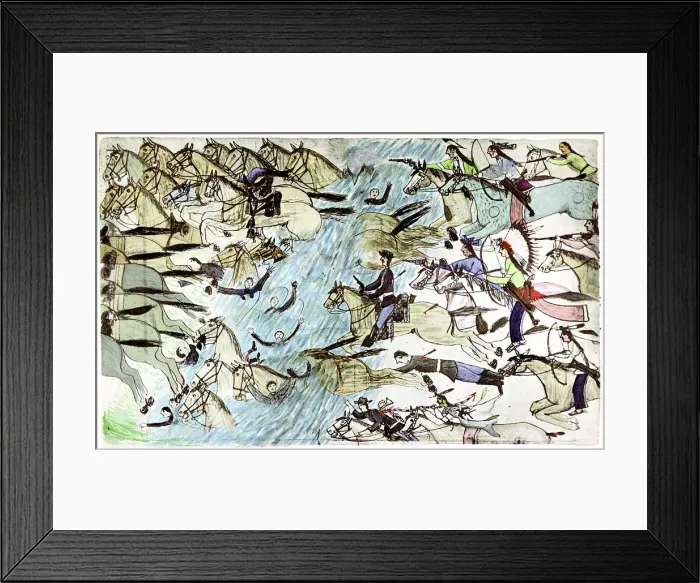 Framed Print : American cavalry retreating across a river pursued by Native American warriors, c1900. Artist: Amos Bad Heart Buffalo Framed Print : American cavalry retreating across a river pursued by Native American warriors, c1900. Artist: Amos Bad Heart Buffalo