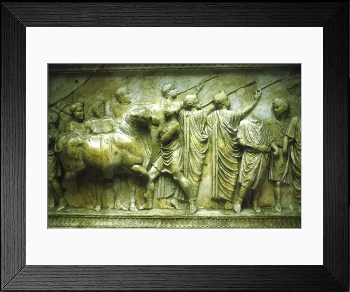 Framed Print : Sacrificial procession of a bull preceded by trumpeters, 30-40 Framed Print : Sacrificial procession of a bull preceded by trumpeters, 30-40
