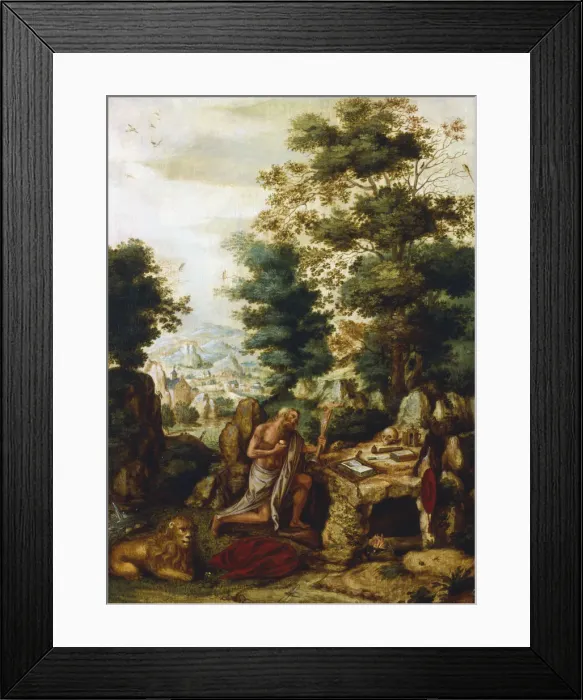 Framed Print : St Jerome in a Landscape, c1530-c1550. Artist: Herri met de Bles Framed Print : St Jerome in a Landscape, c1530-c1550. Artist: Herri met de Bles