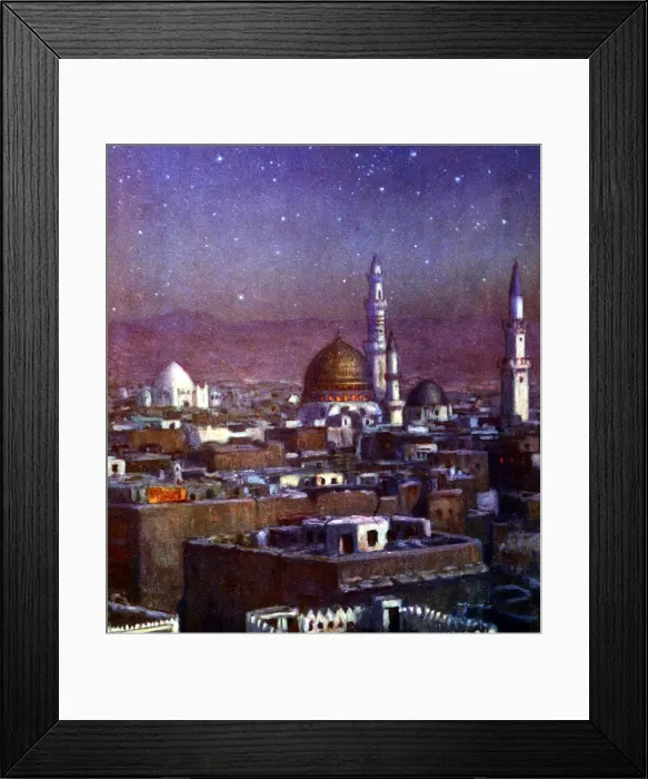 Framed Print : View of Medina, Arabia, by moonlight, showing the dome of the Tomb of the Prophet, 1918. Artist: Etienne Dinet Framed Print : View of Medina, Arabia, by moonlight, showing the dome of the Tomb of the Prophet, 1918. Artist: Etienne Dinet