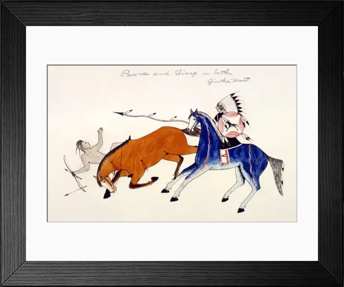 Framed Print : Unhorsing of a Pawnee warrior by Dakota Sioux warrior Zintka Mato (Dog Bear), c1889-1927. Artist: Kills Two Framed Print : Unhorsing of a Pawnee warrior by Dakota Sioux warrior Zintka Mato (Dog Bear), c1889-1927. Artist: Kills Two