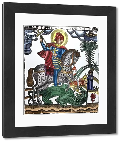 St George, mounted on a spotted horse, killing the dragon, 19th century
