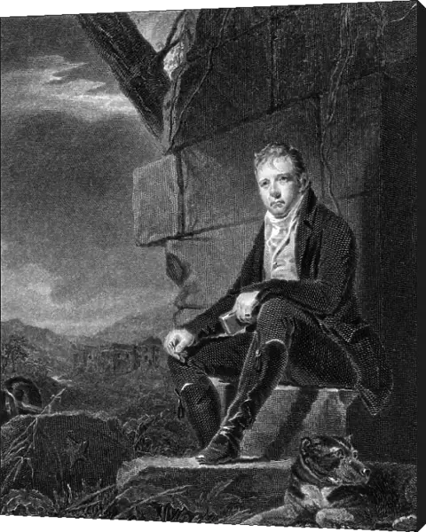Walter Scott, Scottish poet and novelist, seated on a stone, accompanied by a dog, 1808. Artist: John Horsburgh
