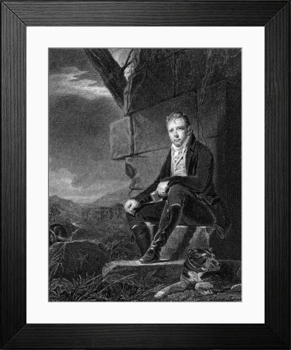 Framed Print : Walter Scott, Scottish poet and novelist, seated on a stone, accompanied by a dog, 1808. Artist: John Horsburgh Framed Print : Walter Scott, Scottish poet and novelist, seated on a stone, accompanied by a dog, 1808. Artist: John Horsburgh