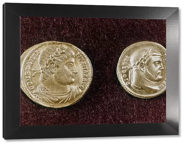 Gold coins showing heads of Roman Emperors Constantine the Great and Diocletian, 4th century