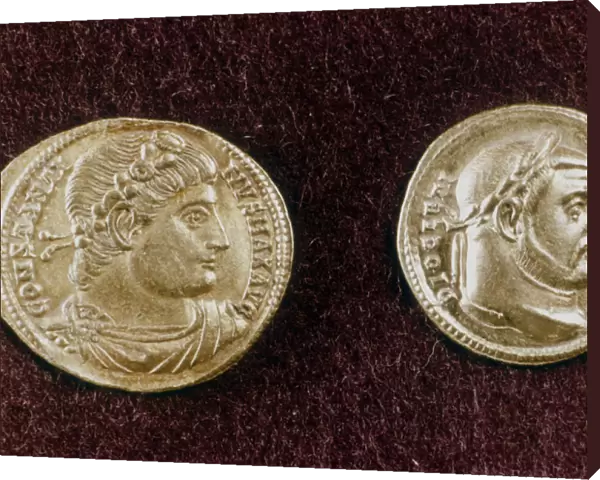 Gold coins showing heads of Roman Emperors Constantine the Great and Diocletian, 4th century
