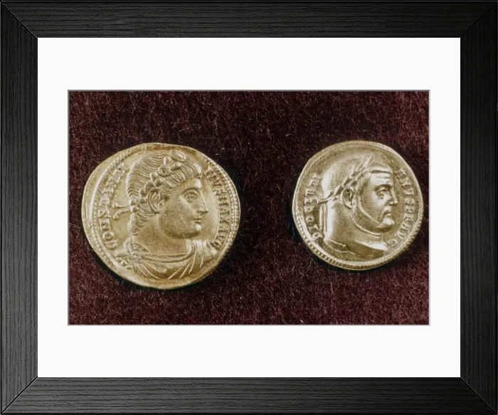 Framed Print : Gold coins showing heads of Roman Emperors Constantine the Great and Diocletian, 4th century Framed Print : Gold coins showing heads of Roman Emperors Constantine the Great and Diocletian, 4th century