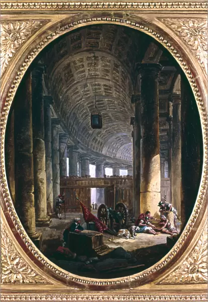 Interior of the colonnade of St Peters, Rome, at the time of the Conclave of 1769. Artist: Hubert Robert