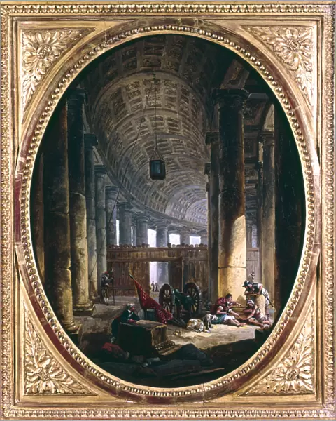 Interior of the colonnade of St Peters, Rome, at the time of the Conclave of 1769. Artist: Hubert Robert