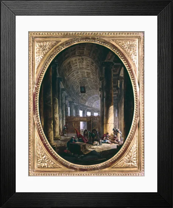 Framed Print : Interior of the colonnade of St Peters, Rome, at the time of the Conclave of 1769. Artist: Hubert Robert Framed Print : Interior of the colonnade of St Peters, Rome, at the time of the Conclave of 1769. Artist: Hubert Robert