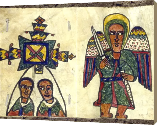 Ethopian prayer book showing an angel with a sword and two men, possibly priests, 19th century