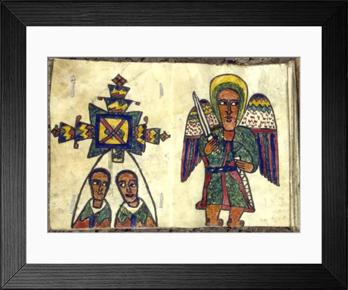 Framed Print : Ethopian prayer book showing an angel with a sword and two men, possibly priests, 19th century Framed Print : Ethopian prayer book showing an angel with a sword and two men, possibly priests, 19th century
