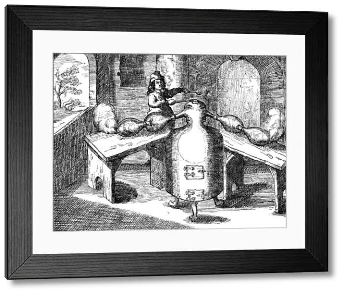 Framed Print : Distillation of nitric acid (Aqua fortis or parting acid) in an iron man with two noses, 1689 Framed Print : Distillation of nitric acid (Aqua fortis or parting acid) in an iron man with two noses, 1689
