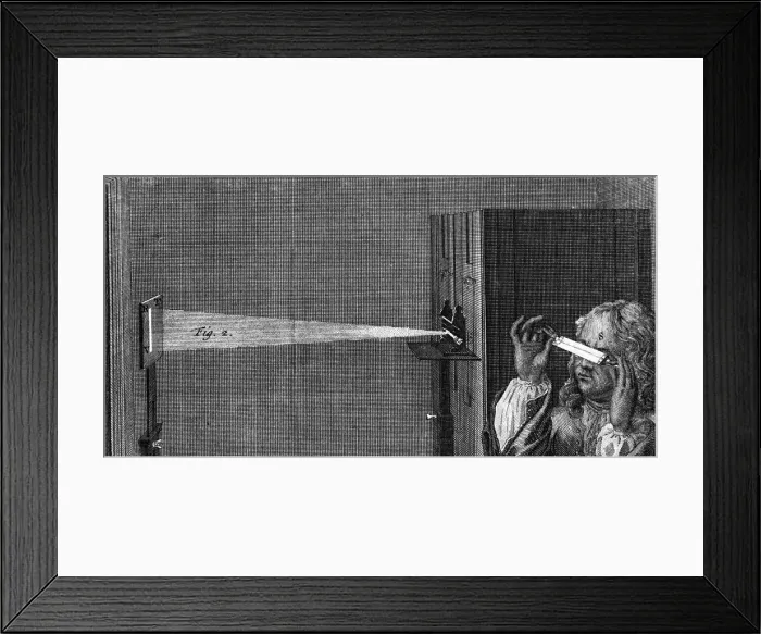 Framed Print : Experiment showing that prismatic colours cannot be split further, 1747 Framed Print : Experiment showing that prismatic colours cannot be split further, 1747
