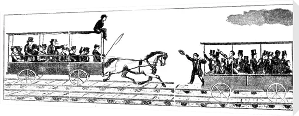 Race between Peter Coopers locomotive Tom Thumb and a horse-drawn railway carriage, 1829