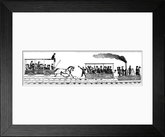 Framed Print : Race between Peter Coopers locomotive Tom Thumb and a horse-drawn railway carriage, 1829 Framed Print : Race between Peter Coopers locomotive Tom Thumb and a horse-drawn railway carriage, 1829