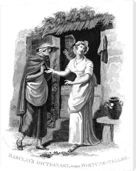 Chiromancy: Country girl having her hand read by a fortune teller who sees misfortunes ahead. Artist: William Marshall Craig