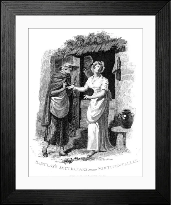 Framed Print : Chiromancy: Country girl having her hand read by a fortune teller who sees misfortunes ahead. Artist: William Marshall Craig Framed Print : Chiromancy: Country girl having her hand read by a fortune teller who sees misfortunes ahead. Artist: William Marshall Craig