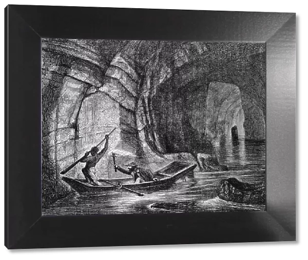 Exploring a subterranean river in the Mammoth Cave, Kentucky, USA, c1870