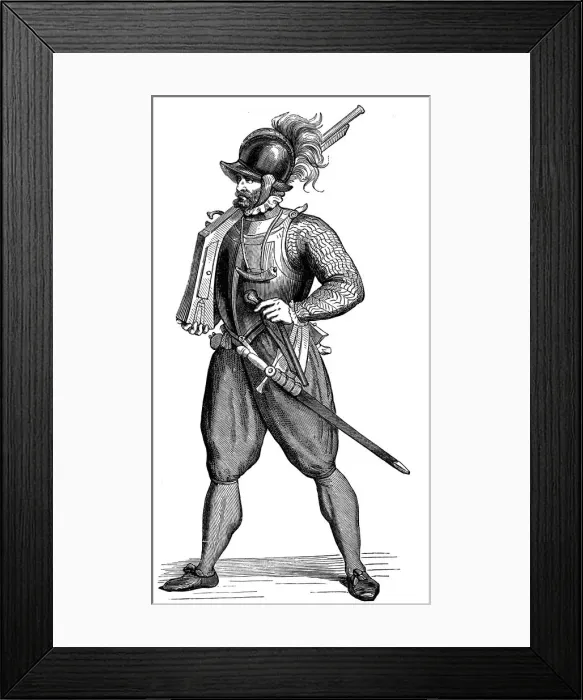 Framed Print : Foot soldier carrying an harquebus, 1590 Framed Print : Foot soldier carrying an harquebus, 1590