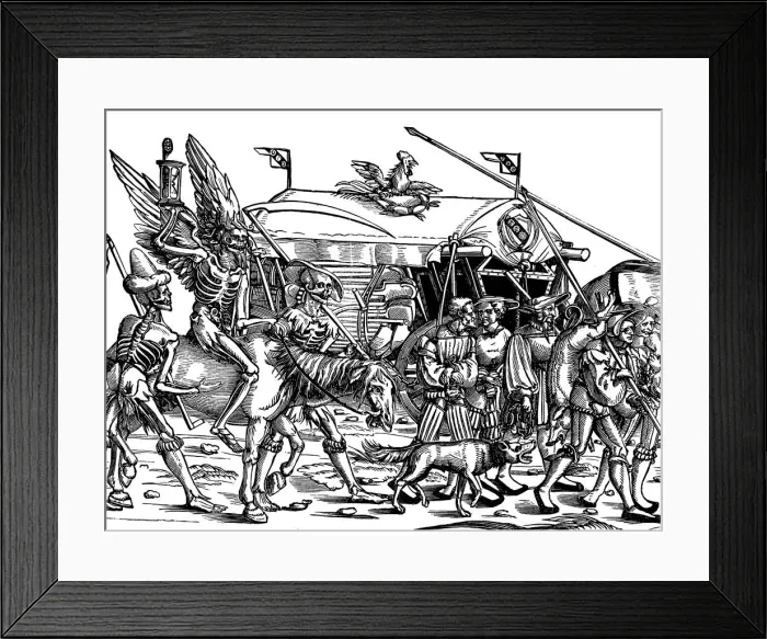 Framed Print : Death. Allegorical print of war after the German painter and engraver Hans Sebald Beham Framed Print : Death. Allegorical print of war after the German painter and engraver Hans Sebald Beham