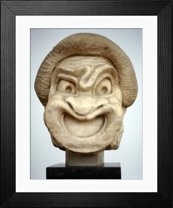 Framed Print : Carving of a mask used in Ancient Greek theatrical comedy, 3rd century BC Framed Print : Carving of a mask used in Ancient Greek theatrical comedy, 3rd century BC