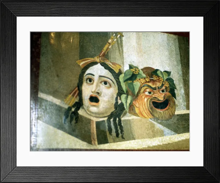 Framed Print : Theatrical masks of tragedy and comedy depicted in a Roman mosaic Framed Print : Theatrical masks of tragedy and comedy depicted in a Roman mosaic