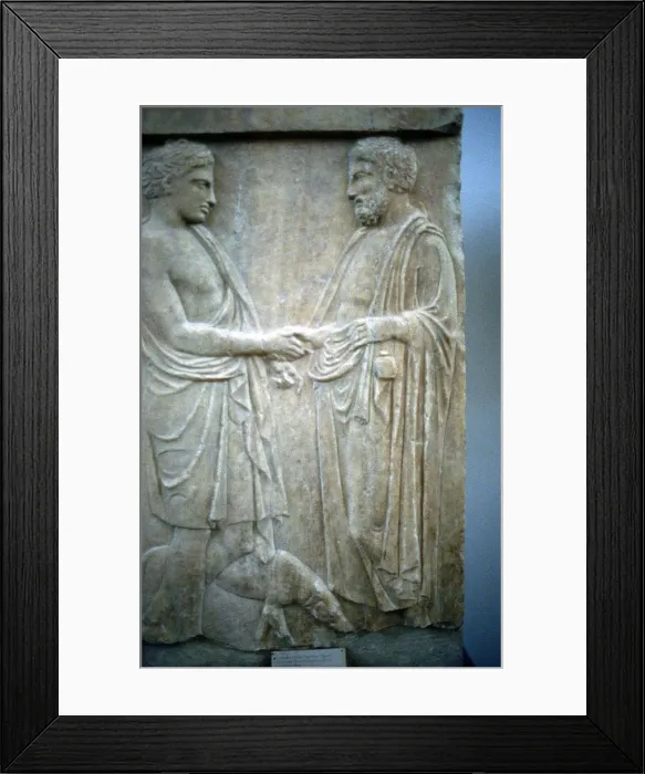 Framed Print : Relief showing an Athenian youth greeting older man, 5th century BC Framed Print : Relief showing an Athenian youth greeting older man, 5th century BC