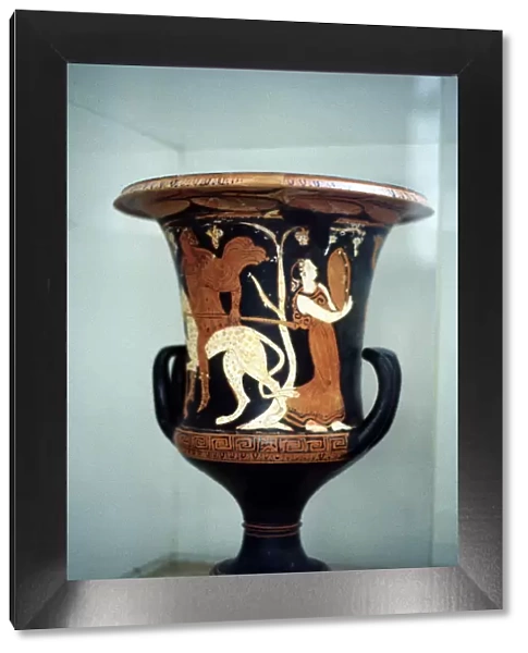 Ancient Greek vase with red figure decoration, including a female dancer, 5th century BC