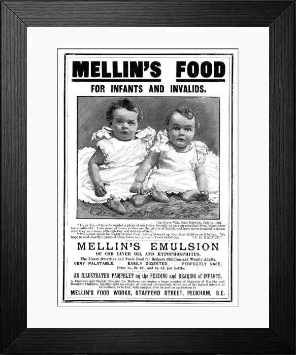 Framed Print : Magazine advertisement for Mellins Emulsion, a food supplement based on cod liver oil, c1890 Framed Print : Magazine advertisement for Mellins Emulsion, a food supplement based on cod liver oil, c1890