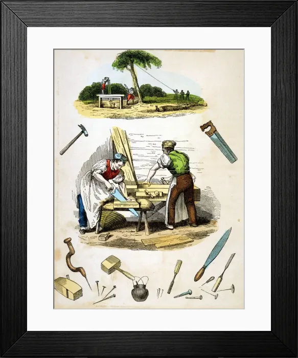 Framed Print : Carpenters at work, surrounded by various tools, c1845 Framed Print : Carpenters at work, surrounded by various tools, c1845