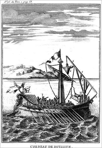 Roman war galley equipped with a corvus (right), 18th century
