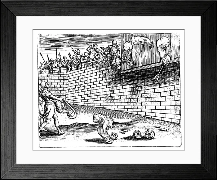 Framed Print : Roman soldiers delivering Greek fire by means of arrows and slings, 1605 Framed Print : Roman soldiers delivering Greek fire by means of arrows and slings, 1605