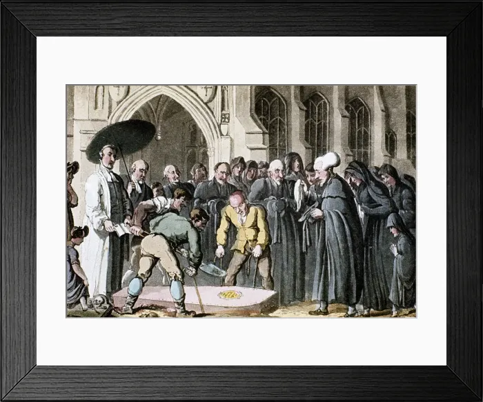 Framed Print : Dr Syntax watching his wifes coffin being lowered into the grave, 1820. Artist: Thomas Rowlandson Framed Print : Dr Syntax watching his wifes coffin being lowered into the grave, 1820. Artist: Thomas Rowlandson