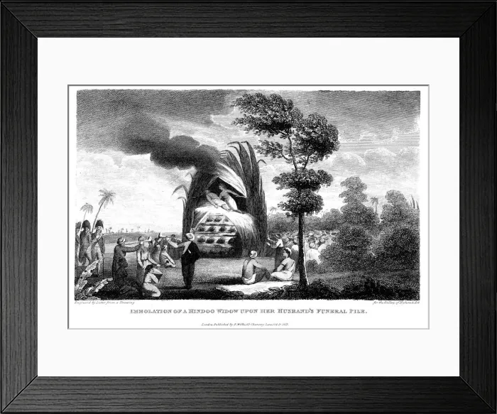 Framed Print : Widow of a Brahmin committing suttee on her husbands funeral pyre, India, 1815 Framed Print : Widow of a Brahmin committing suttee on her husbands funeral pyre, India, 1815