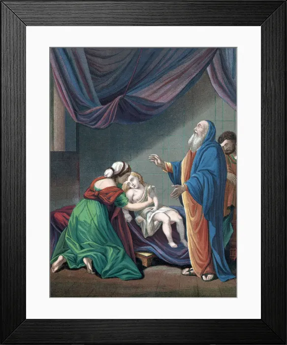 Framed Print : Elijah, Old Testament prophet, raising the widows son from apparent death, c1860 Framed Print : Elijah, Old Testament prophet, raising the widows son from apparent death, c1860