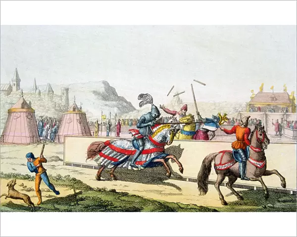 Armoured knights jousting at a tournament, 12th century, c1820