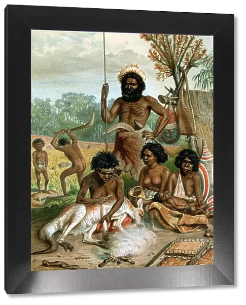 Australian aborigines butchering a kangaroo, 1885-1888